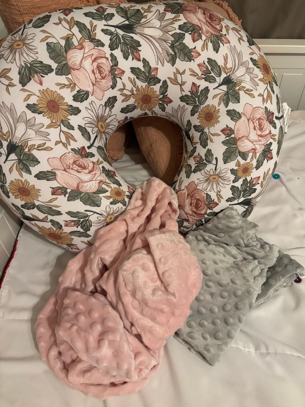Floral Boppy Nursing Pillow with Extra Pink & Gray Minky Covers